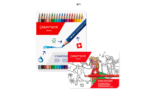 Set mit 18 Farbstiften FANCOLOR + Heft oder Postkarten SWISS EXPLORER
