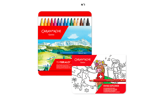 Set mit 15 Fasermalern FIBRALO + Heft oder Postkarten SWISS EXPLORER