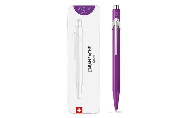Stylo Bille Caran D'Ache 849 Violet - Corps Aluminium, Mécanisme Pression, Avec étui, Encre Bleue